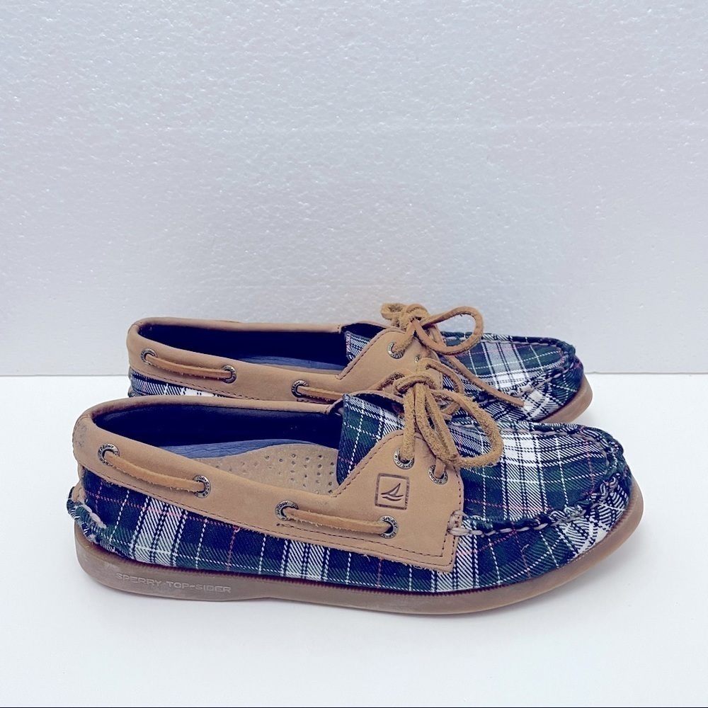 Sperry Top-Sider A/O 2 Eye Plaid Boat Shoe | Blue Green | Size 6.5M